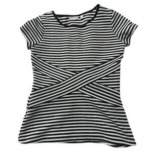 New York & Company Stretch Black and White Striped Illusion Slimming Top - SMALL